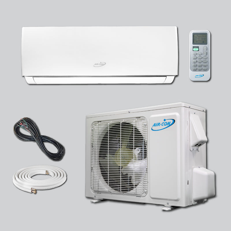Complete split air conditioning system with indoor unit, outdoor condenser and remote